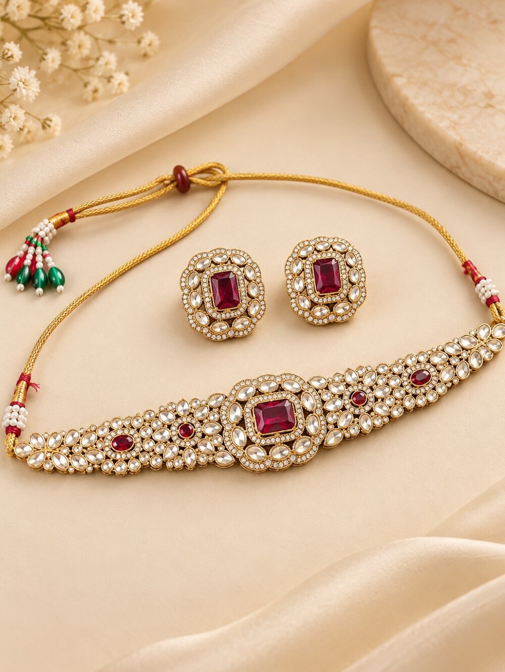 Ruby Red Kundan Choker Necklace & Earrings Set | Indian Jewelry